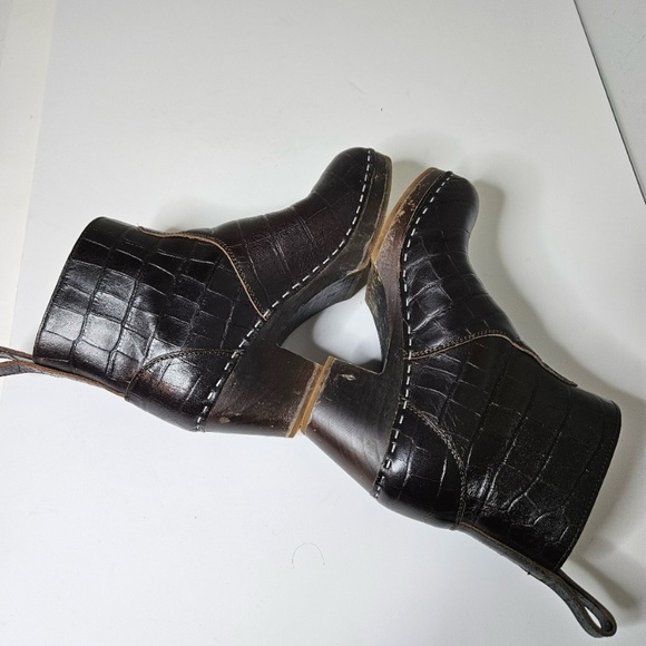 Swedish Hasbeens Zip It Emy Croc Embossed Brown Clogs Booties Ankle Boots 7 - Picture 4 of 8